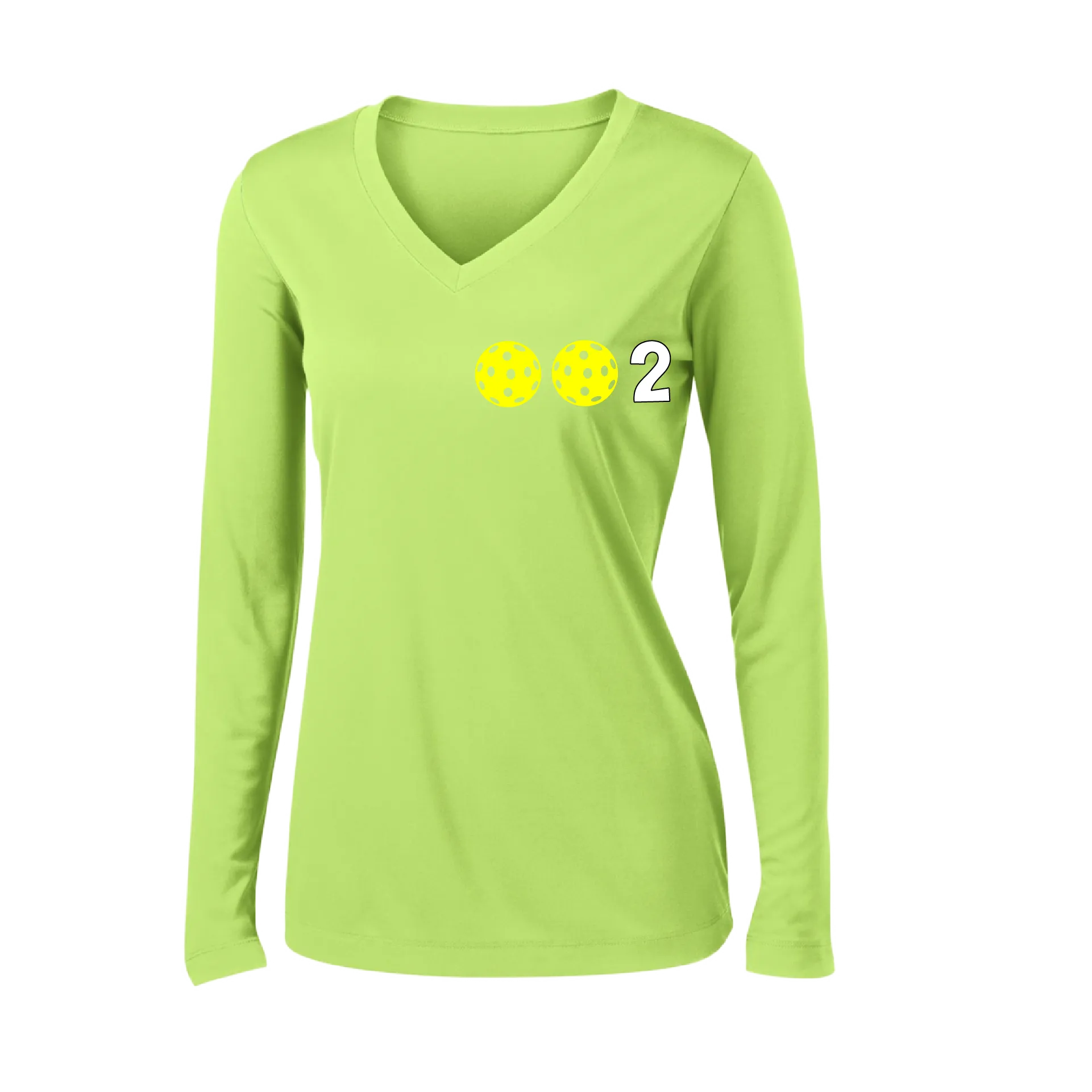 002 With Pickleballs (Colors Yellow Pink White) Customizable | Women's Long Sleeve V-Neck Pickleball Shirts | 100% Polyester