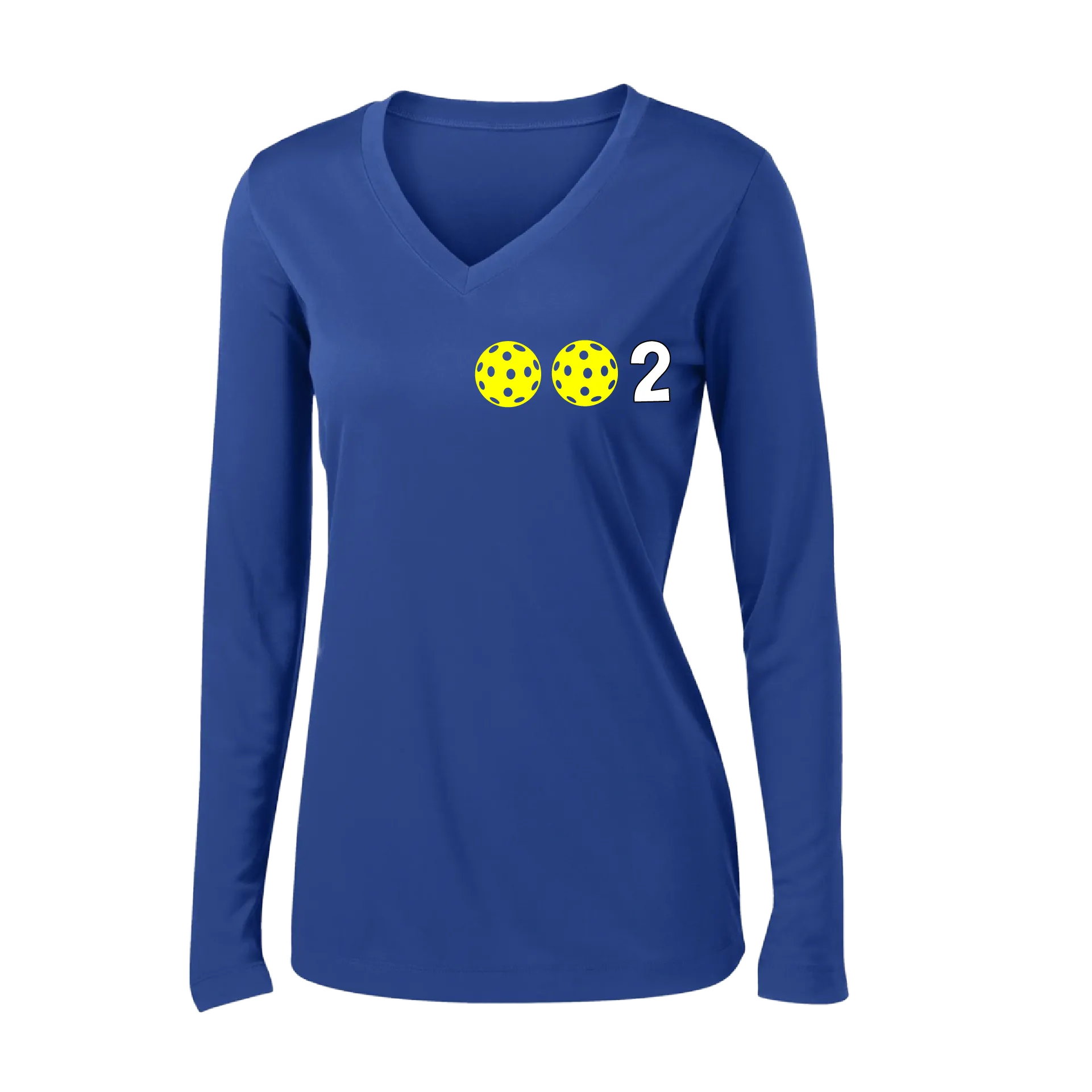 002 With Pickleballs (Colors Yellow Pink White) Customizable | Women's Long Sleeve V-Neck Pickleball Shirts | 100% Polyester