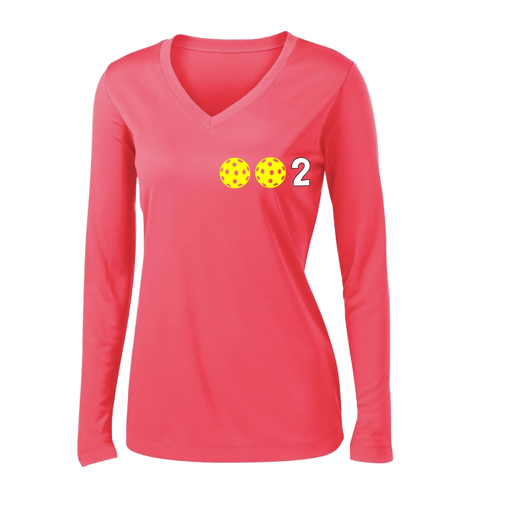 002 With Pickleballs (Colors Yellow Pink White) Customizable | Women's Long Sleeve V-Neck Pickleball Shirts | 100% Polyester