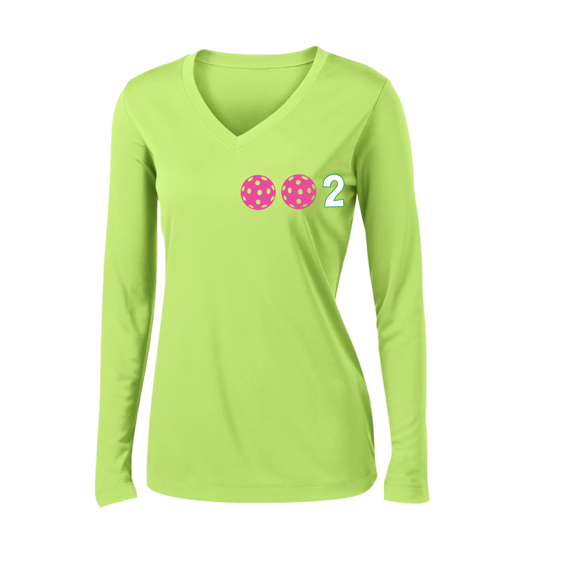 002 With Pickleballs (Colors Yellow Pink White) Customizable | Women's Long Sleeve V-Neck Pickleball Shirts | 100% Polyester