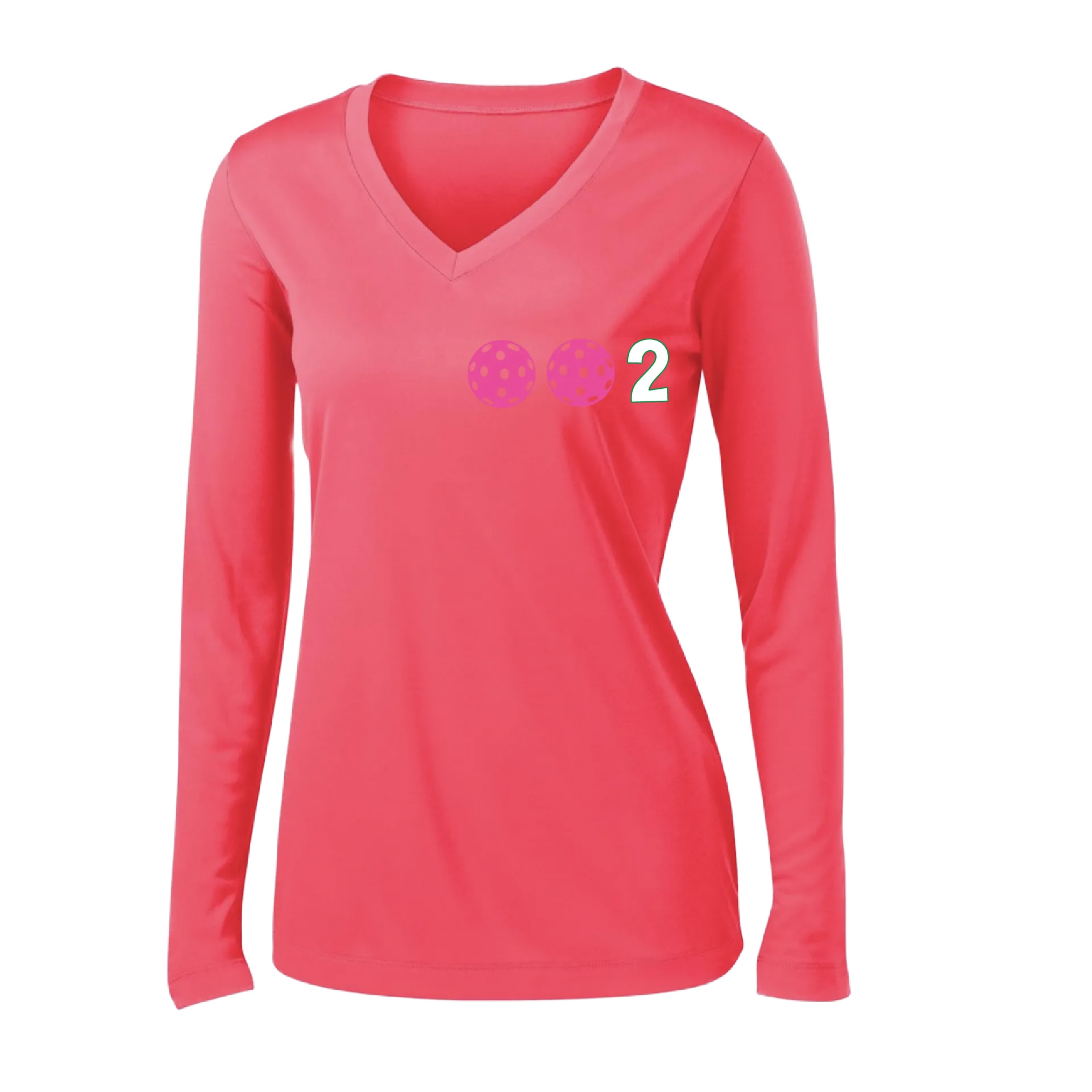 002 With Pickleballs (Colors Yellow Pink White) Customizable | Women's Long Sleeve V-Neck Pickleball Shirts | 100% Polyester