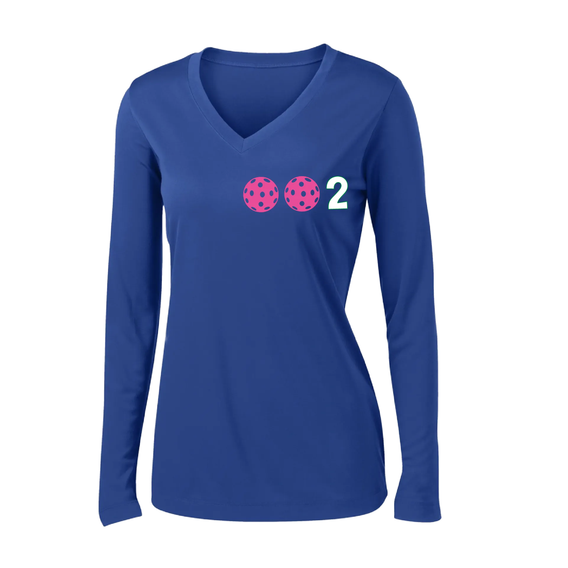 002 With Pickleballs (Colors Yellow Pink White) Customizable | Women's Long Sleeve V-Neck Pickleball Shirts | 100% Polyester