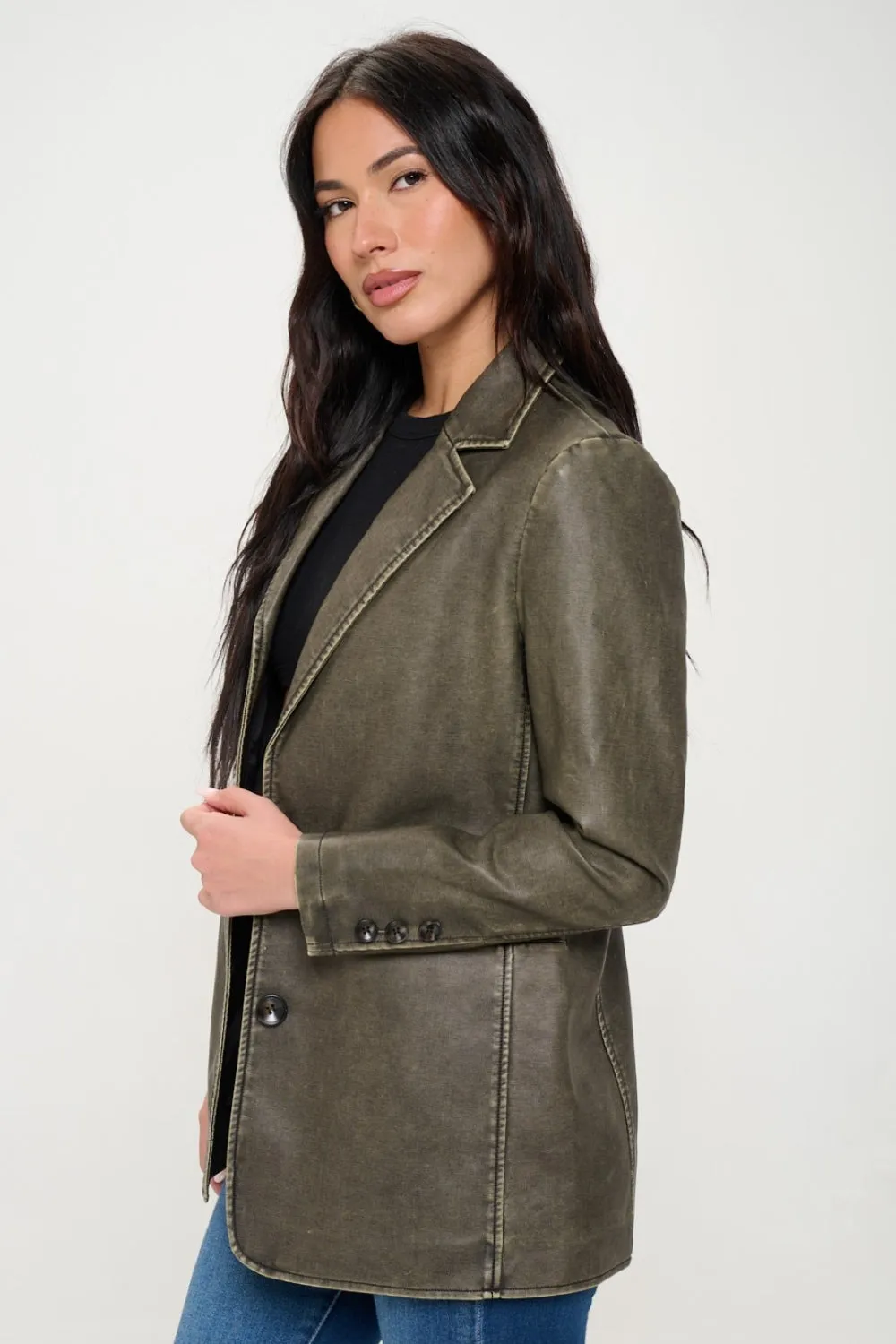 72! Coalition LA Single-Breasted Vegan Leather Blazer _ Olive Brown