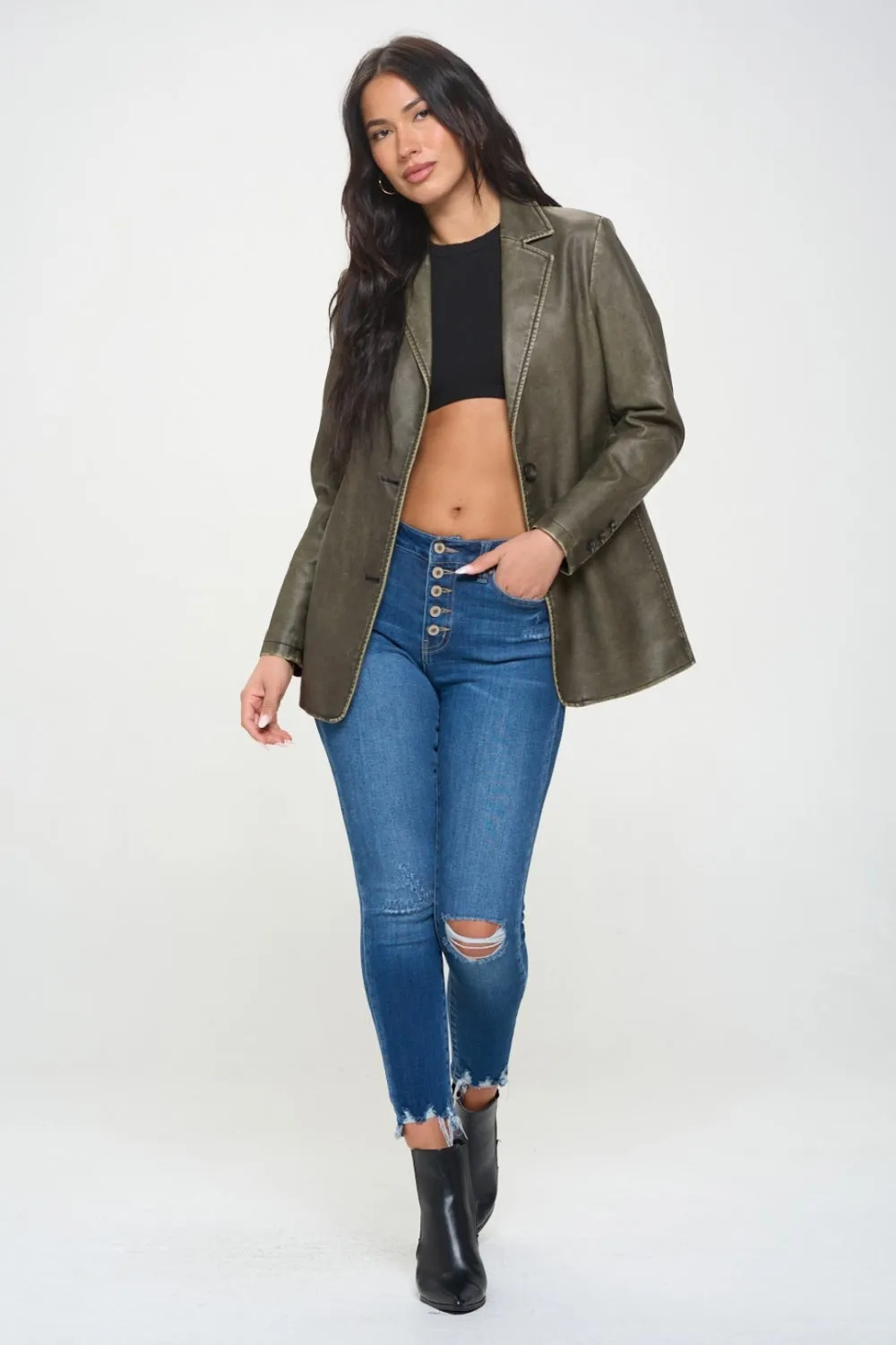 72! Coalition LA Single-Breasted Vegan Leather Blazer _ Olive Brown