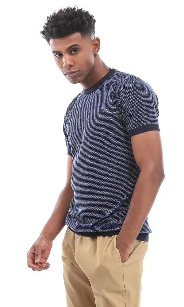 94788 Short Sleeves Knitted Slip -On Navy Blue T-Shirt