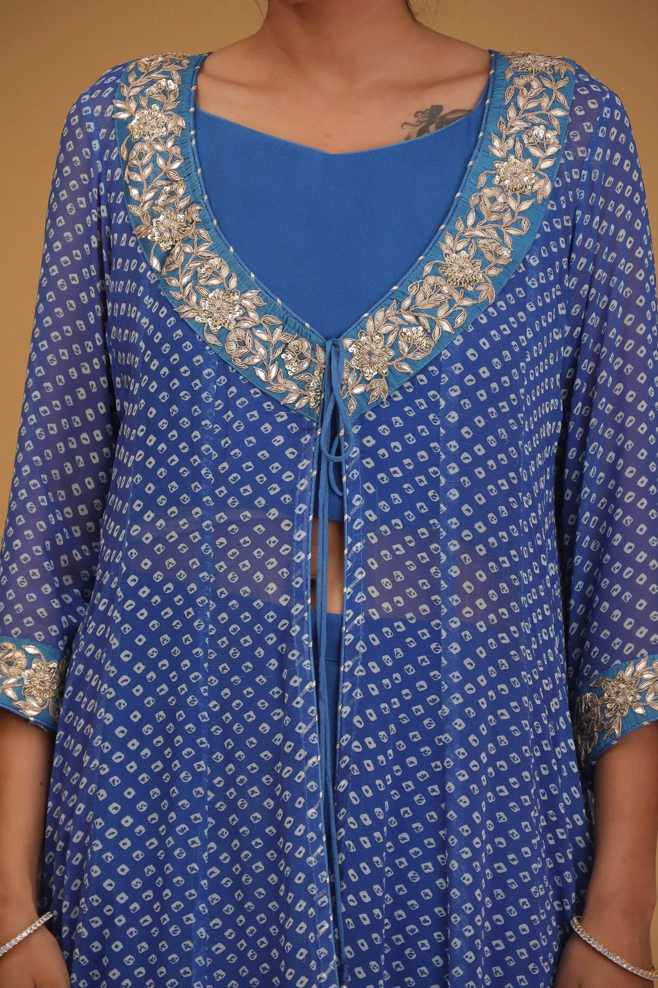 Bandhej Georgette Indowestern with Gota Patti work.