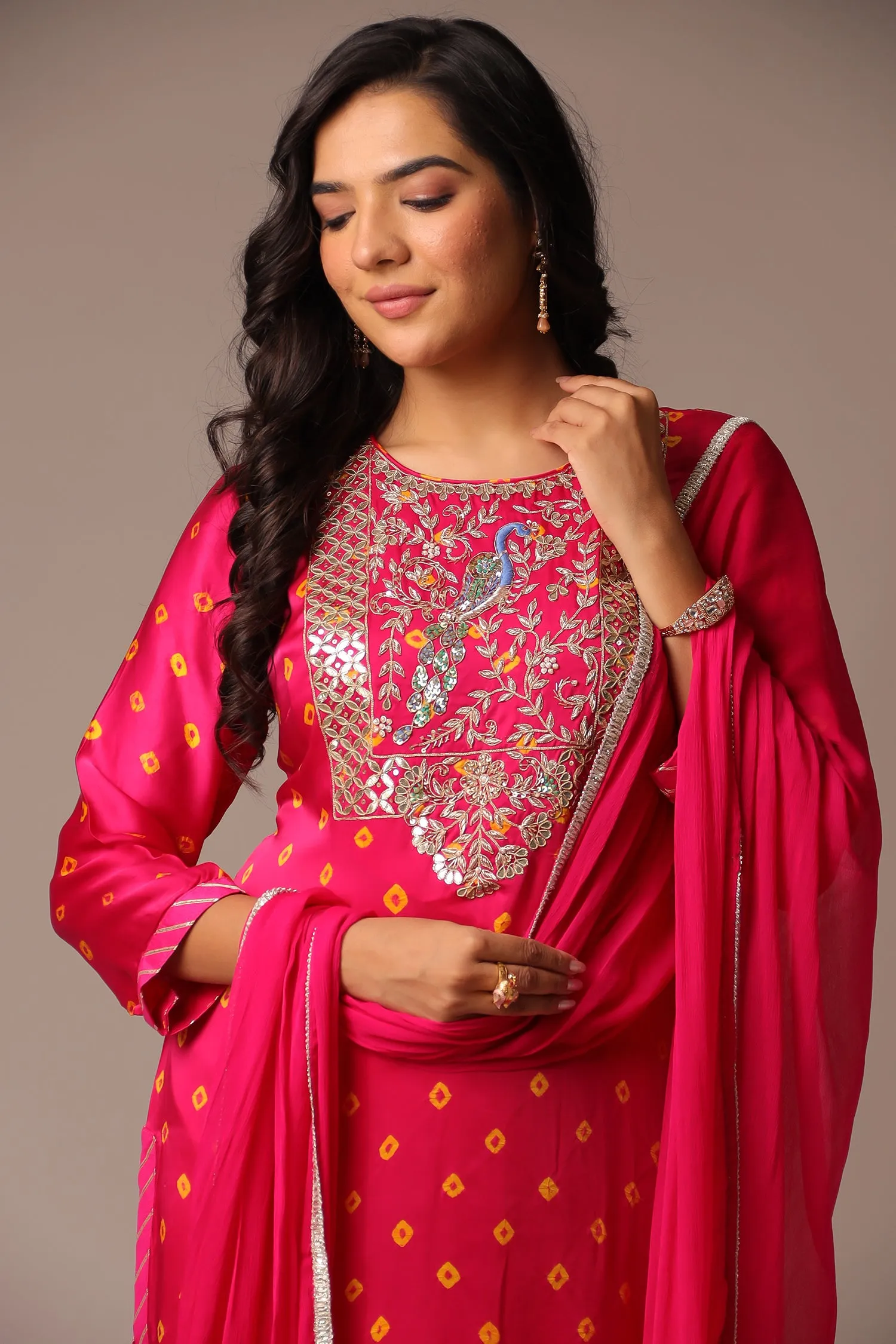 Bandhej Straight Satin Suit with Zardozi work.