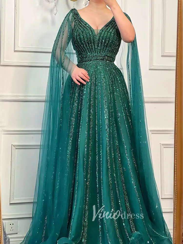 Beaded V-neck Prom Dresses Cape Sleeve Pageant Gowns 20017