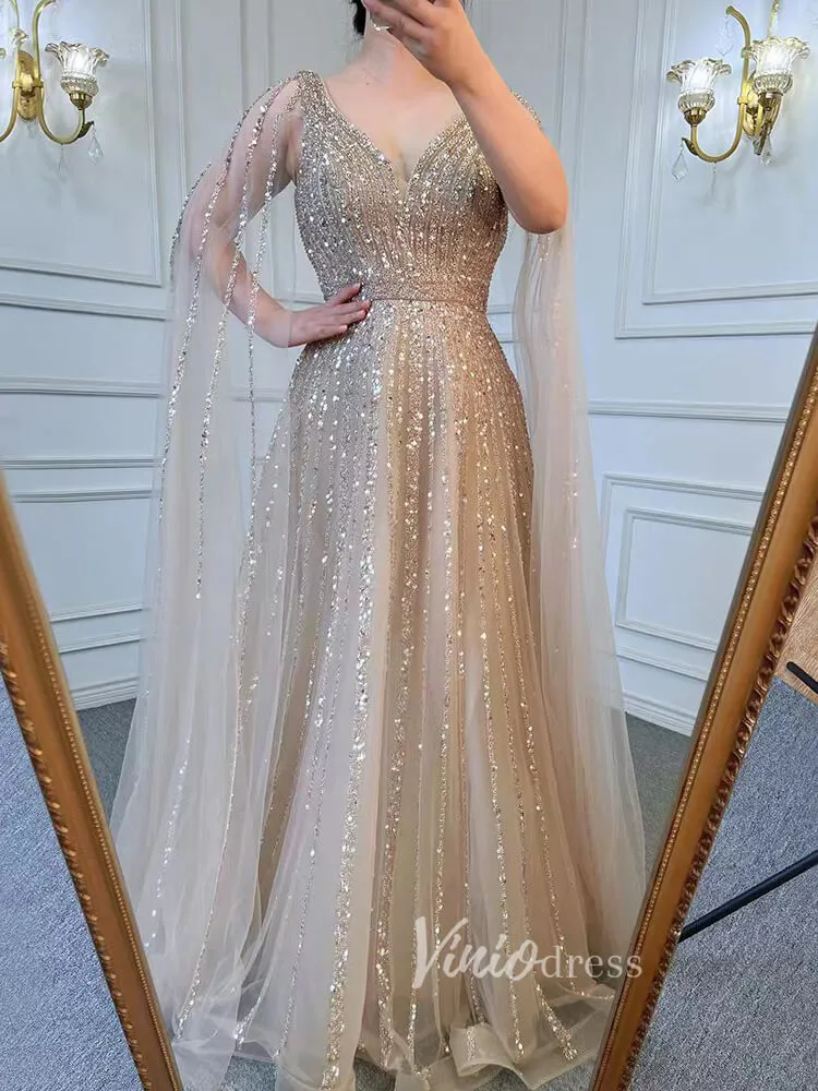 Beaded V-neck Prom Dresses Cape Sleeve Pageant Gowns 20017