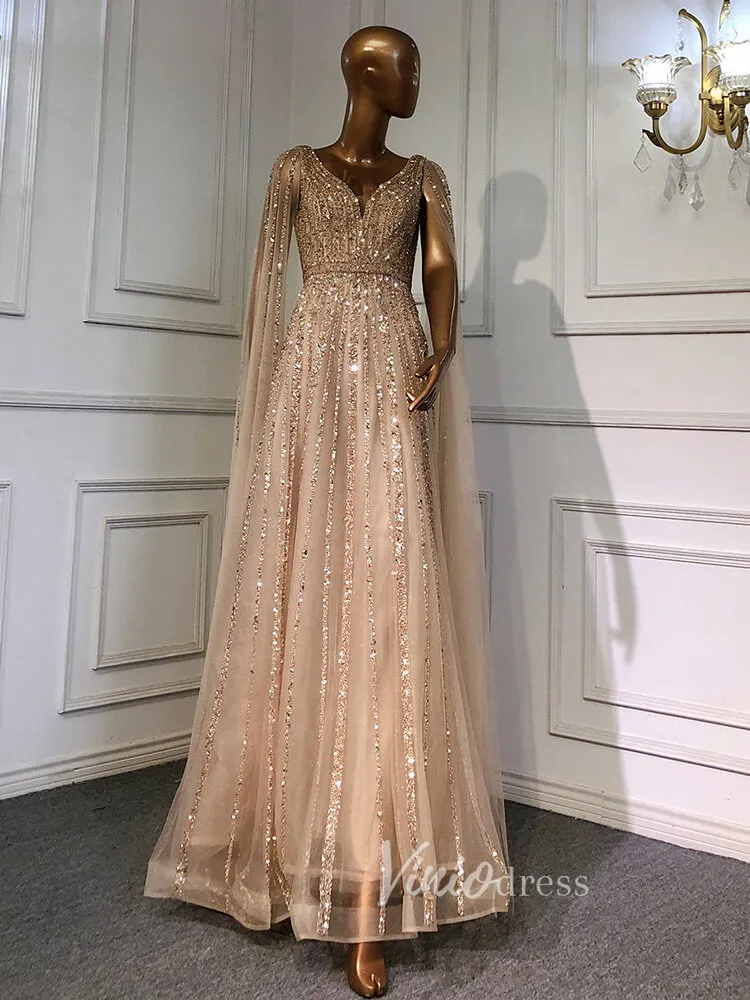 Beaded V-neck Prom Dresses Cape Sleeve Pageant Gowns 20017