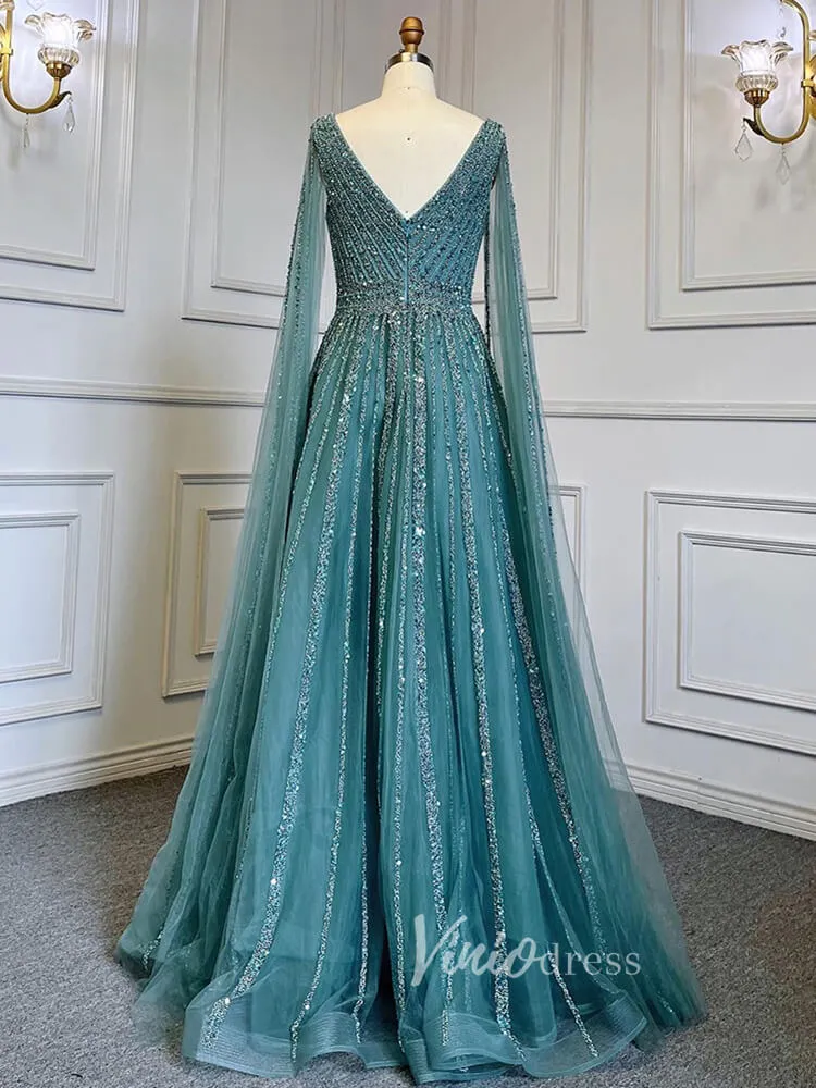 Beaded V-neck Prom Dresses Cape Sleeve Pageant Gowns 20017