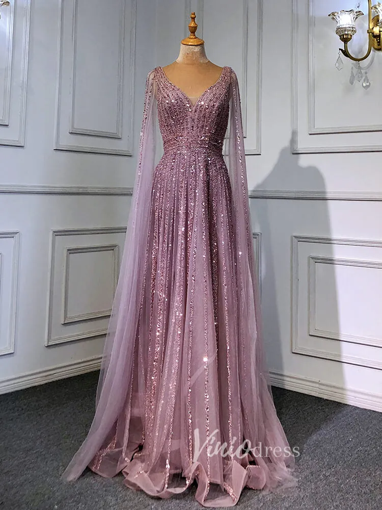 Beaded V-neck Prom Dresses Cape Sleeve Pageant Gowns 20017