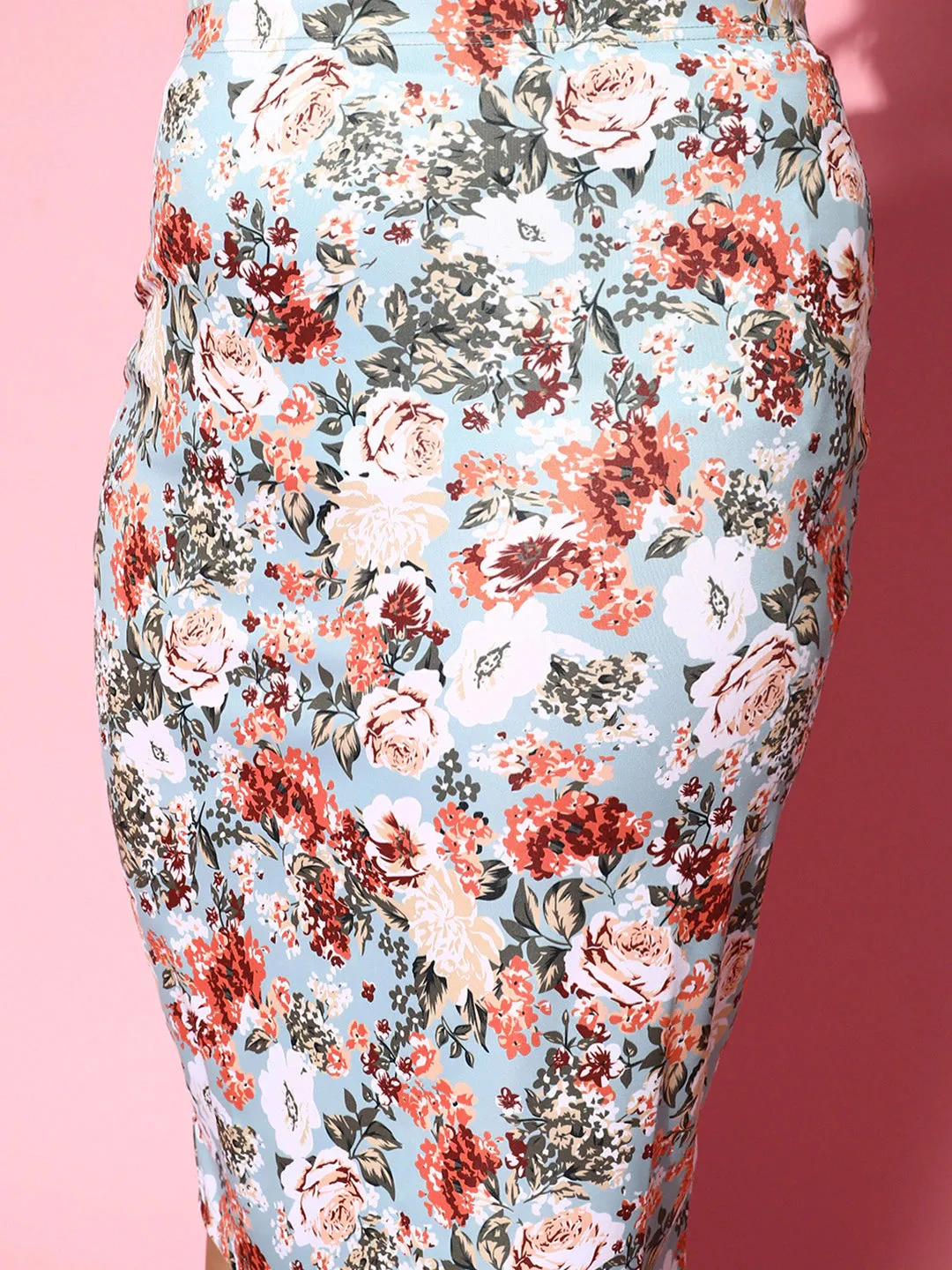 Berrylush Curve Women Blue Floral Pencil Skirt