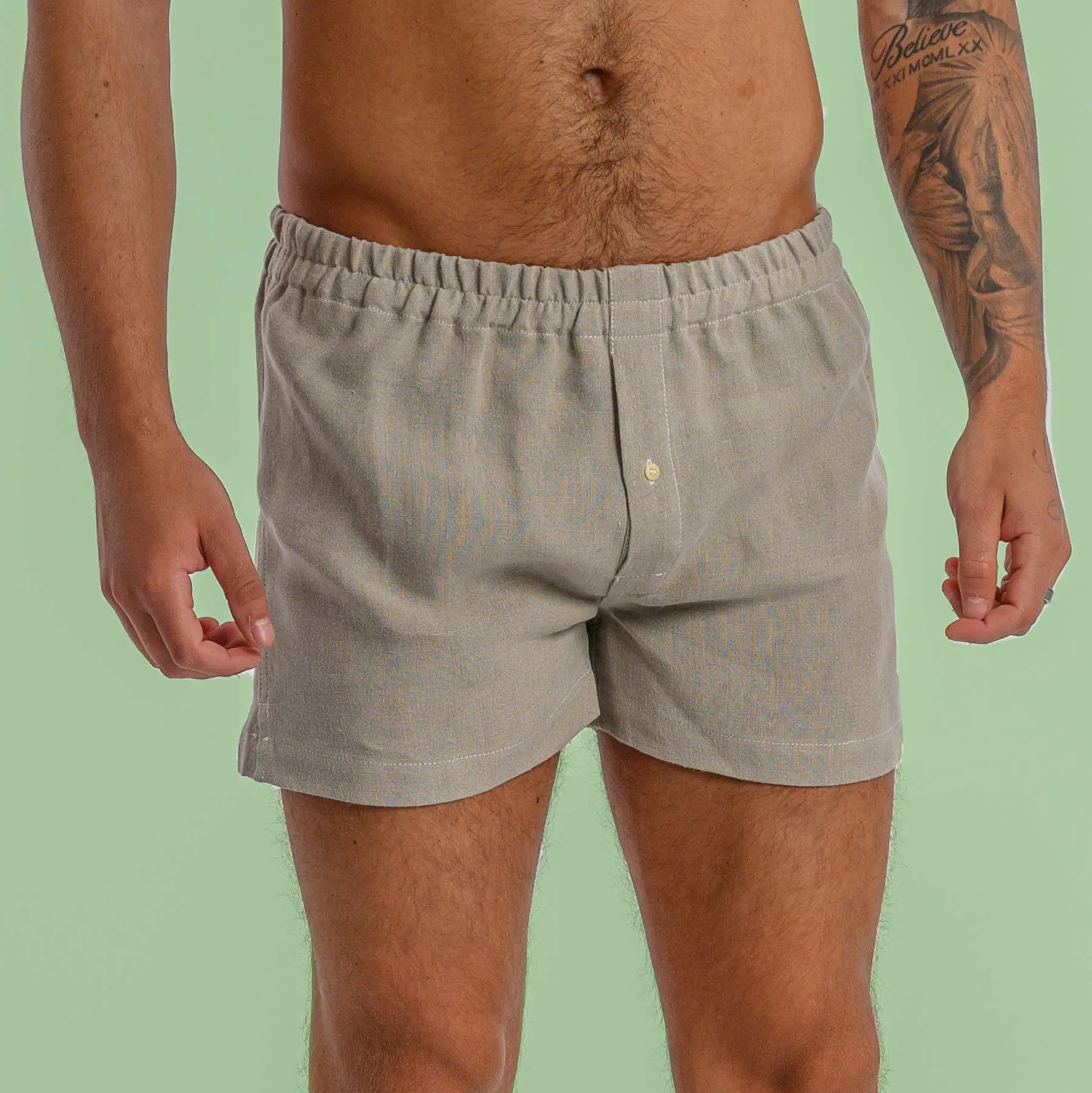 BIZET 100% Organic Linen Boxers (Woven) (Plastic-free, Tagua Nut Button, OC Thread) (100% Biodegradable Organic Elastic Option)