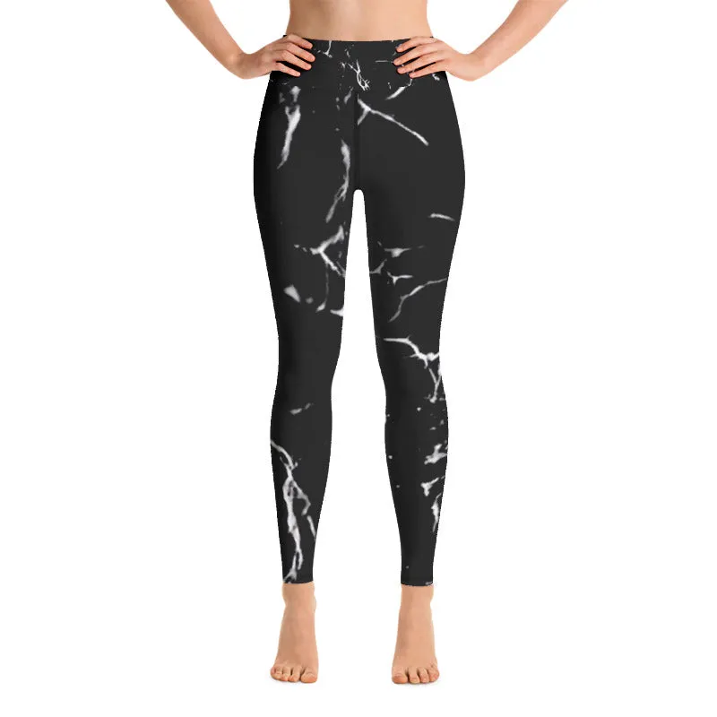 Black Marble Print Women's Leggings, Modern Long Yoga Leggings - Made in USA/EU/MX