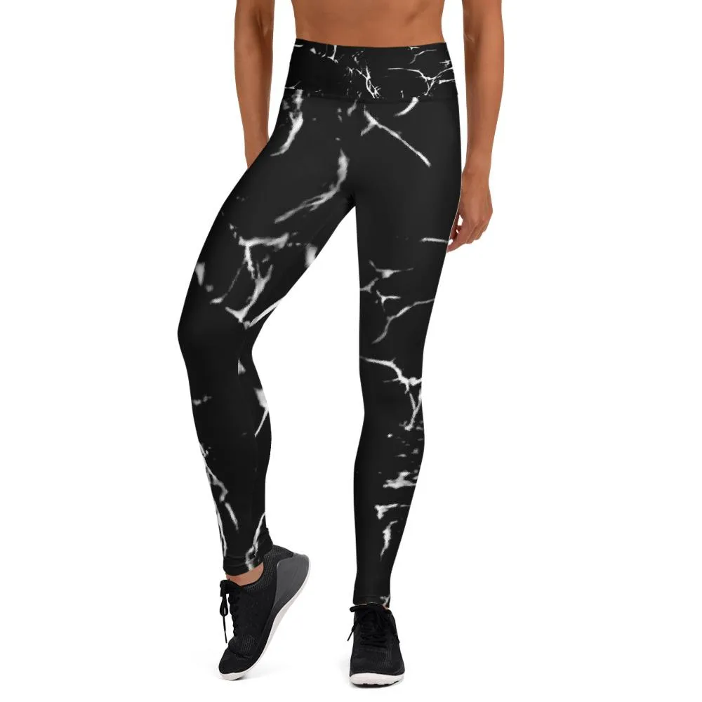 Black Marble Print Women's Leggings, Modern Long Yoga Leggings - Made in USA/EU/MX