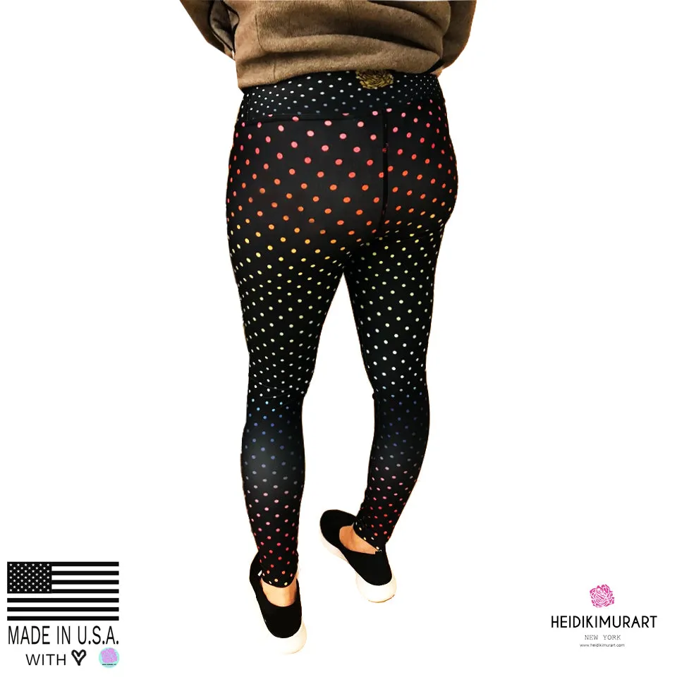 Black Rainbow Dots Women's Leggings, Polka Dots Colorful Printed Women's Long Yoga Pants- Made in USA/EU/MX