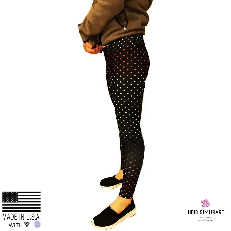 Black Rainbow Dots Women's Leggings, Polka Dots Colorful Printed Women's Long Yoga Pants- Made in USA/EU/MX