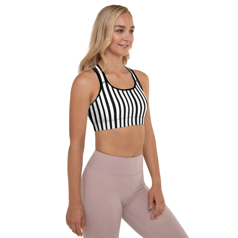 Black Striped Padded Sports Bra, Women's Yoga Best Modern Workout Bra-Made in USA/EU