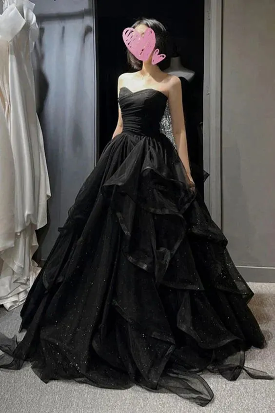 Black Tulle Long A-Line Prom Dress