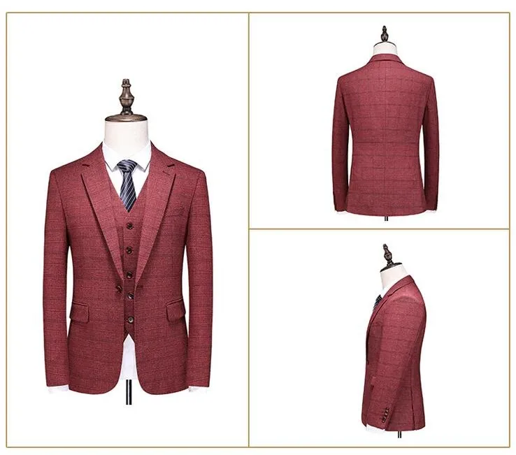 British Style Men’s 3 Piece Suit Business Casual Plaid Groom Wedding Dress Slim Suits | 6835