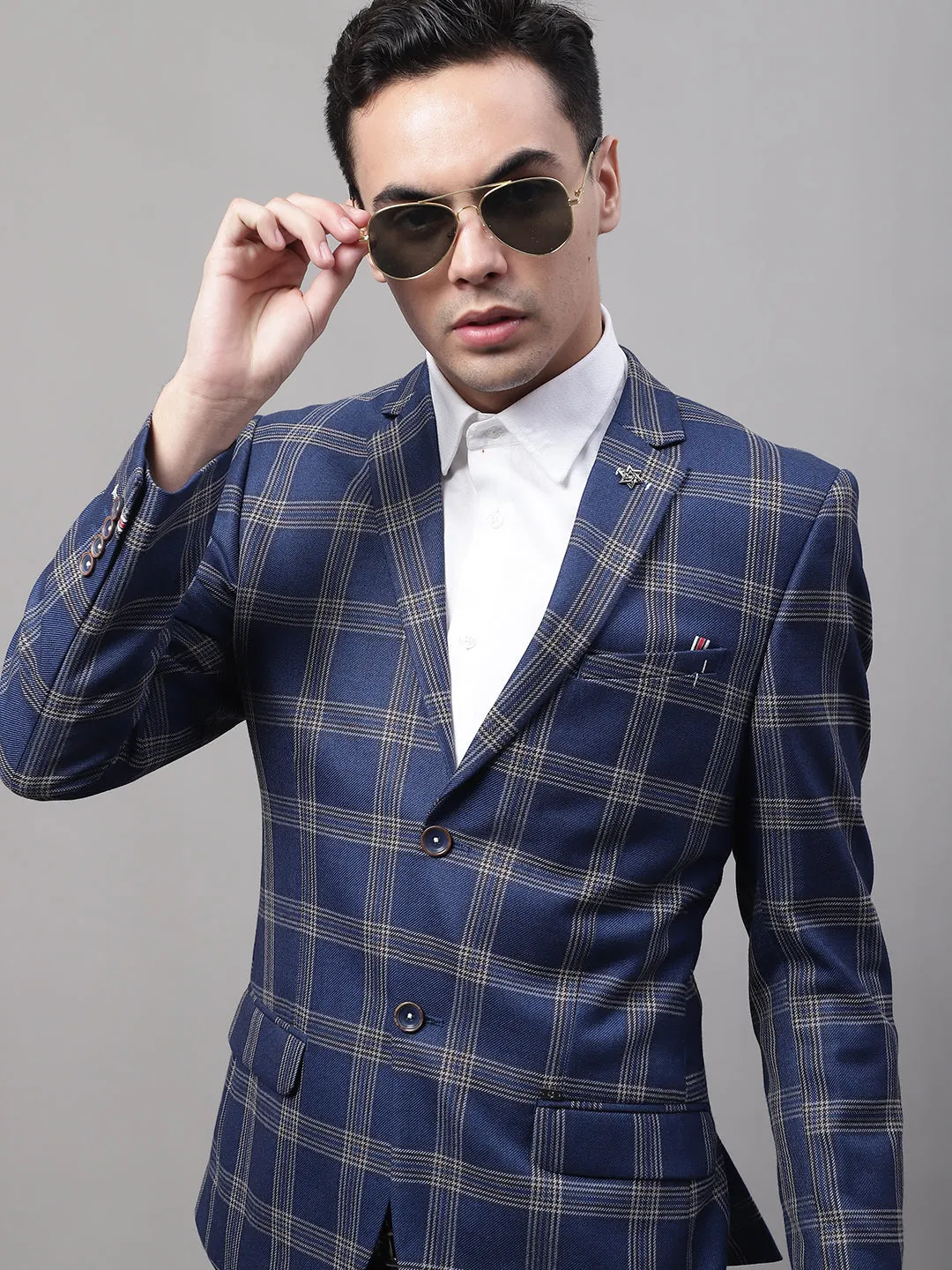 Cantabil Blue Checkered Full Sleeves Formal Blazer For Men