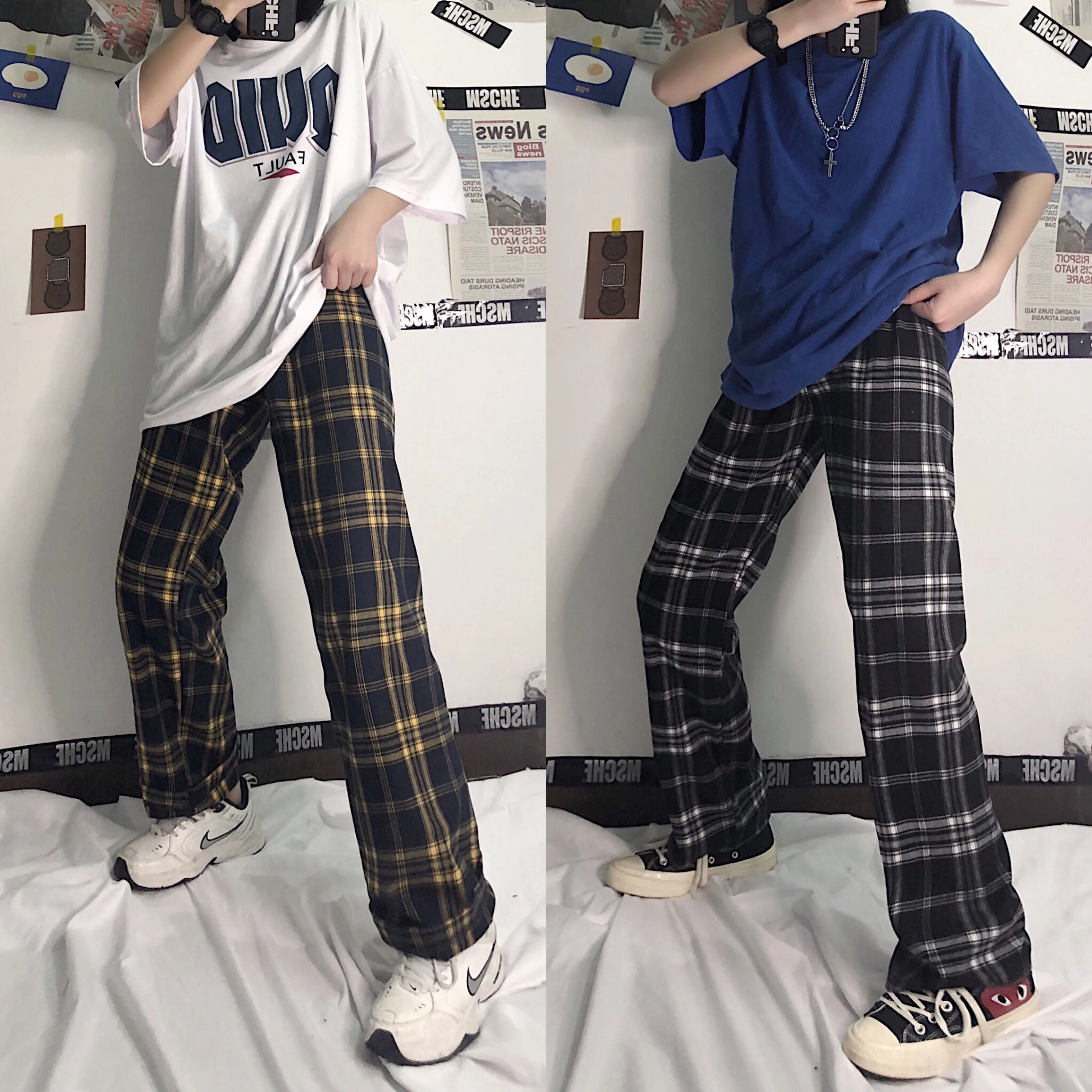 Casual straight plaid pants KF81166