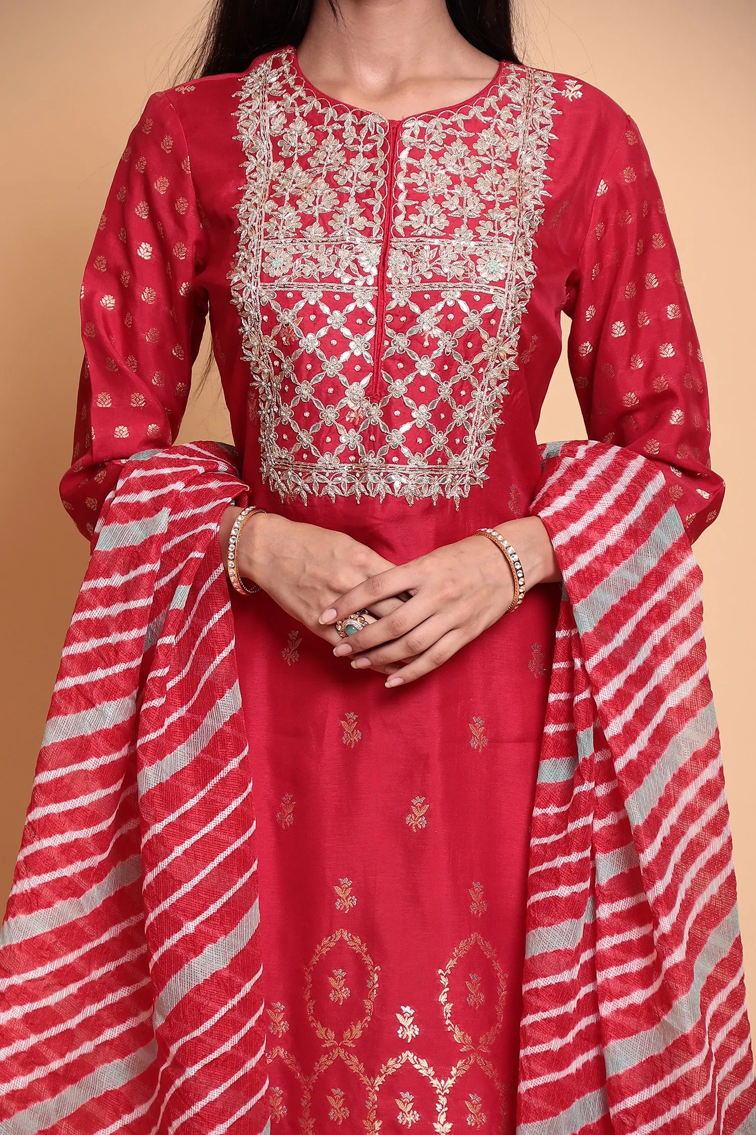 Chanderi Suit Stitched with Gota Patti work.