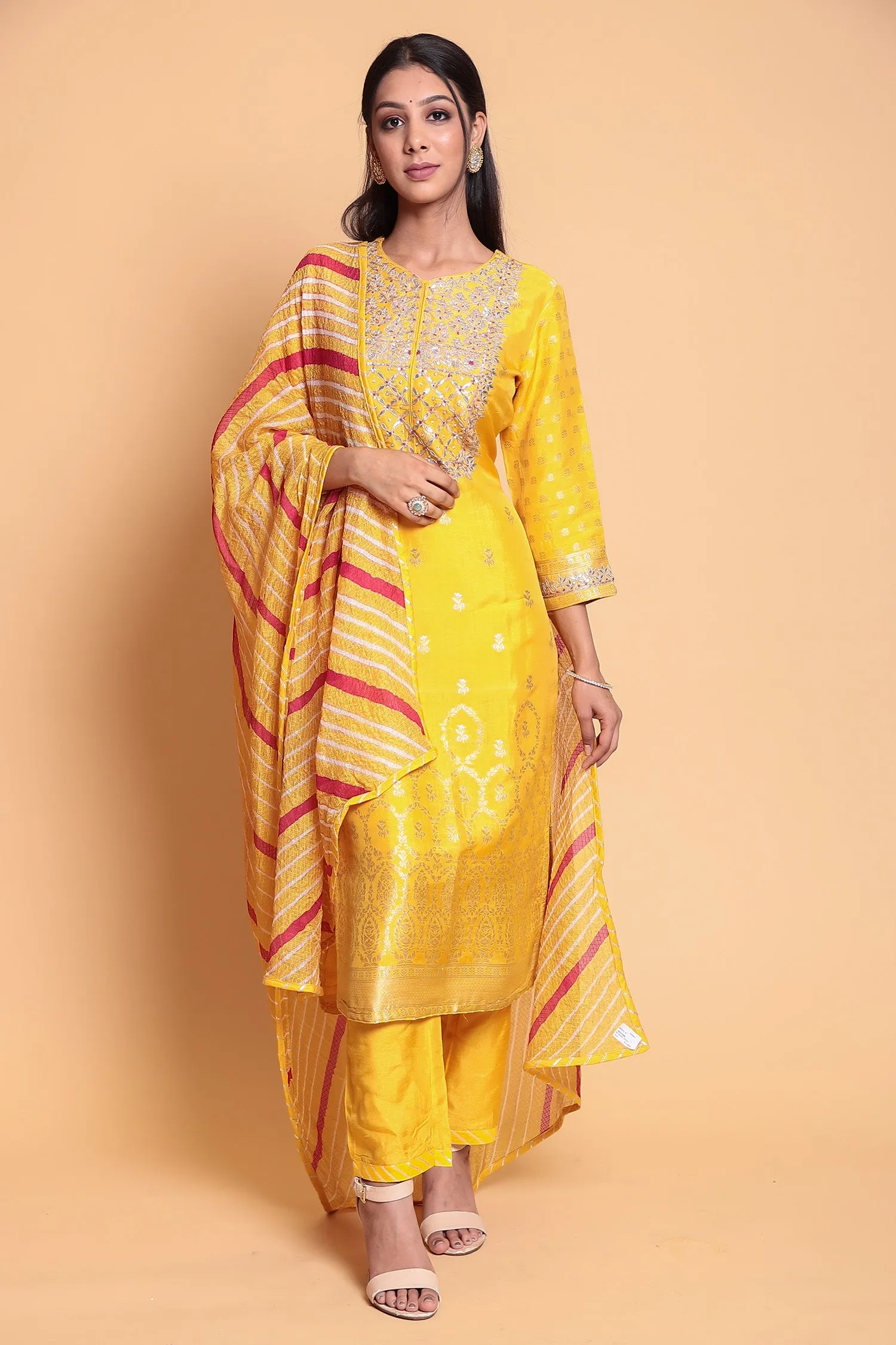 Chanderi Suit Stitched with Gota Patti work.