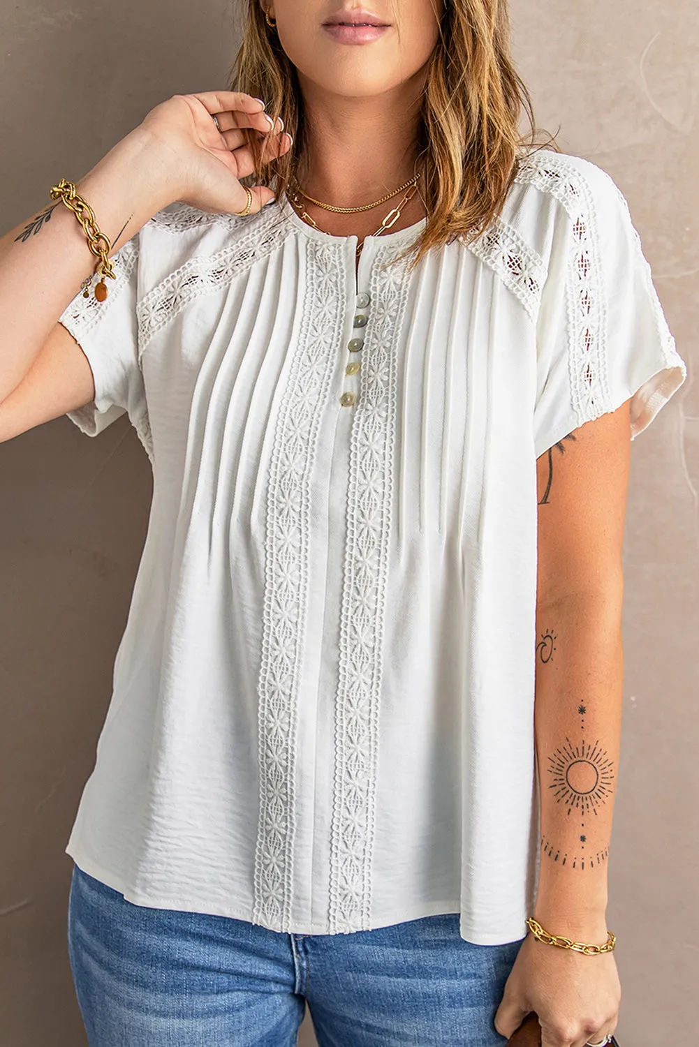 Chic White Crochet Eyelet Short Sleeves Blouse Top