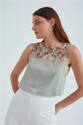 Crew Neck Ambre Floral Printed Georgette Top - Sage