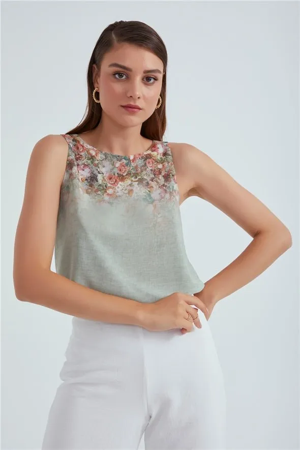 Crew Neck Ambre Floral Printed Georgette Top - Sage