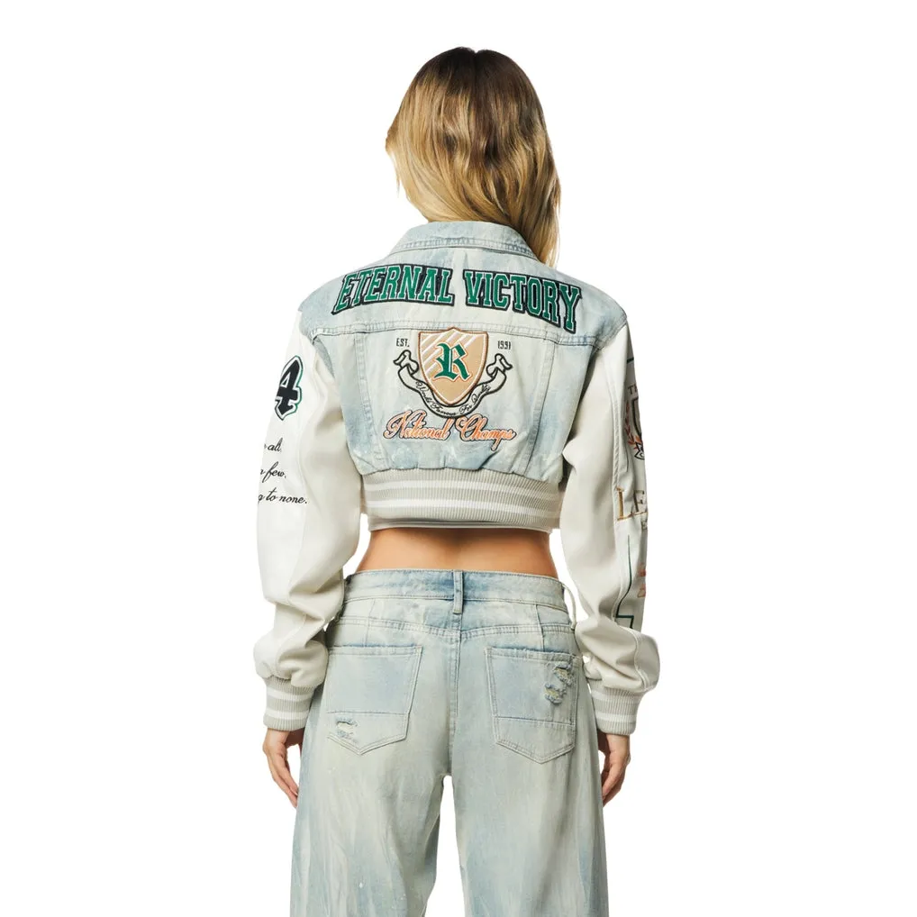 Cropped Varsity Jean Jacket - Leo Blue