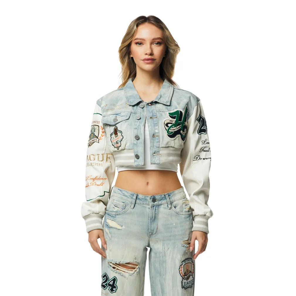 Cropped Varsity Jean Jacket - Leo Blue