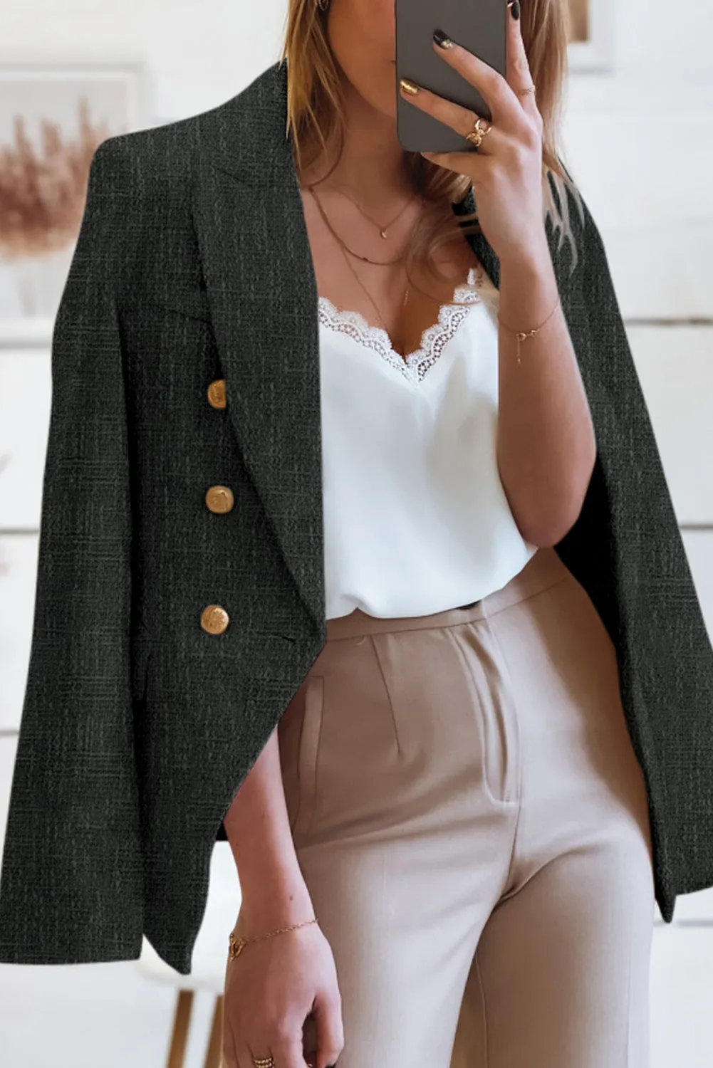 Double Breasted Lapel Blazers Women's Casual Office Long Sleeve Jacket