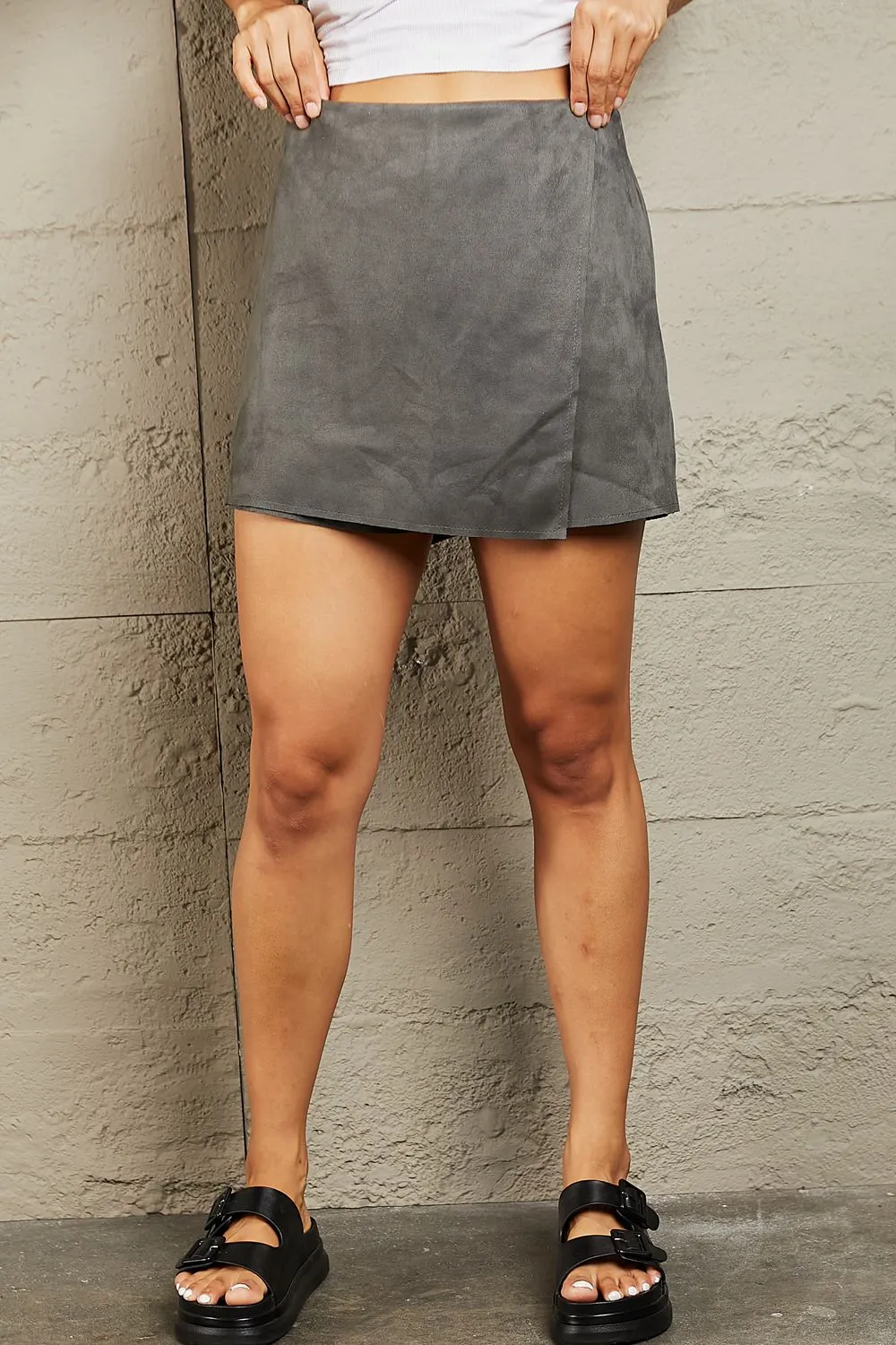 Feeling Right Suede Wrap Skort in Charcoal