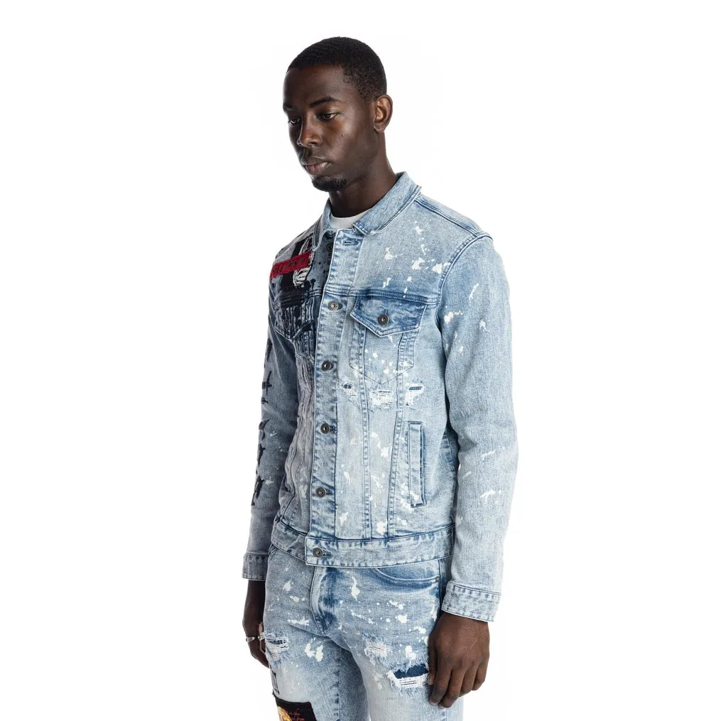 Graphic Patched Fashion Jean Jacket - Mizu Blue