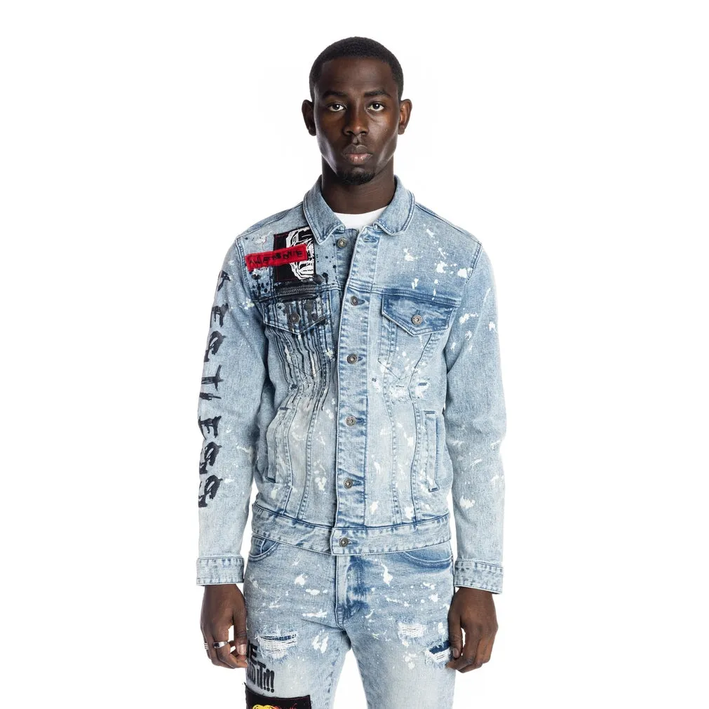 Graphic Patched Fashion Jean Jacket - Mizu Blue