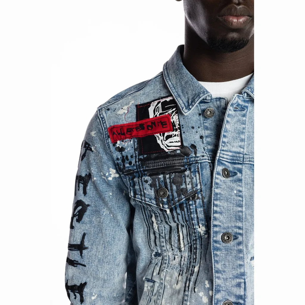 Graphic Patched Fashion Jean Jacket - Mizu Blue