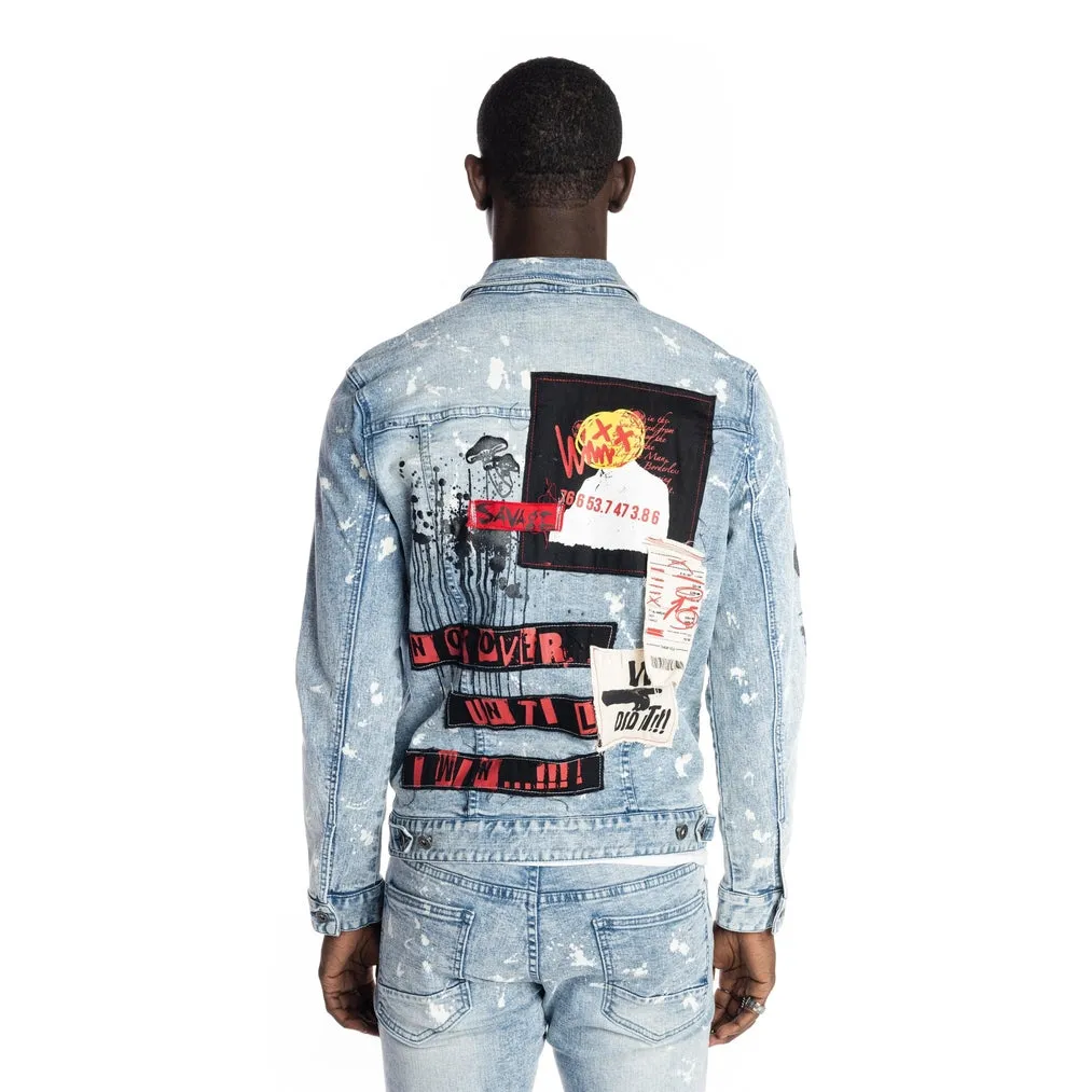 Graphic Patched Fashion Jean Jacket - Mizu Blue