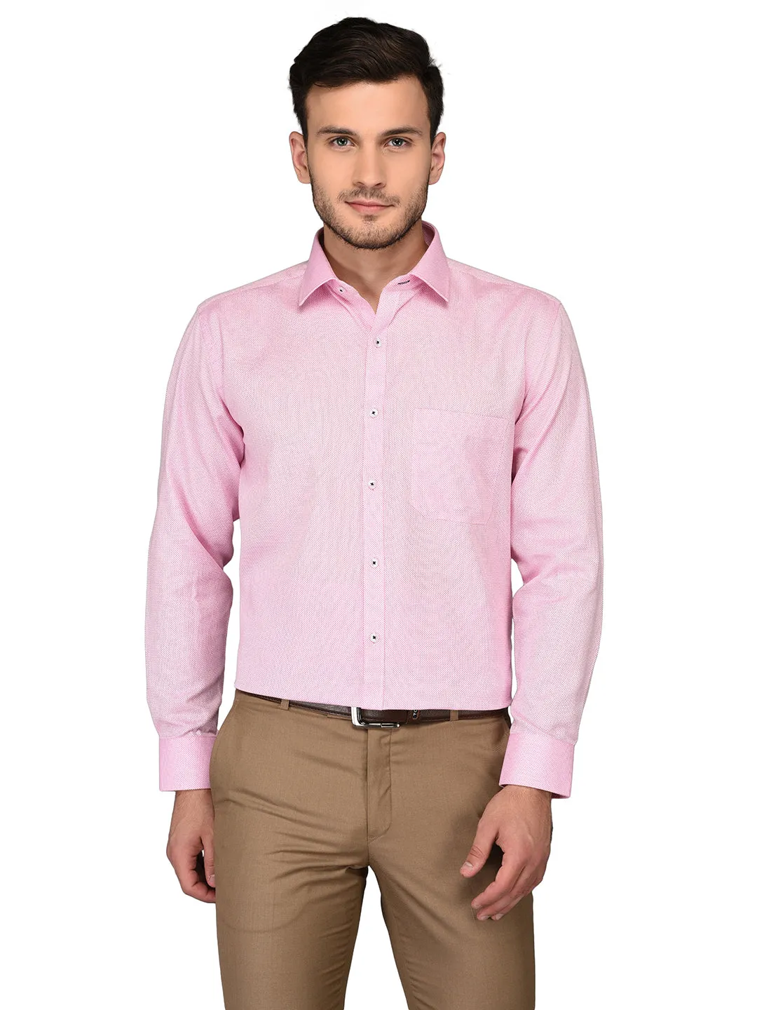 Greenfibre Pink Self Textured Regular Fit Formal Shirt