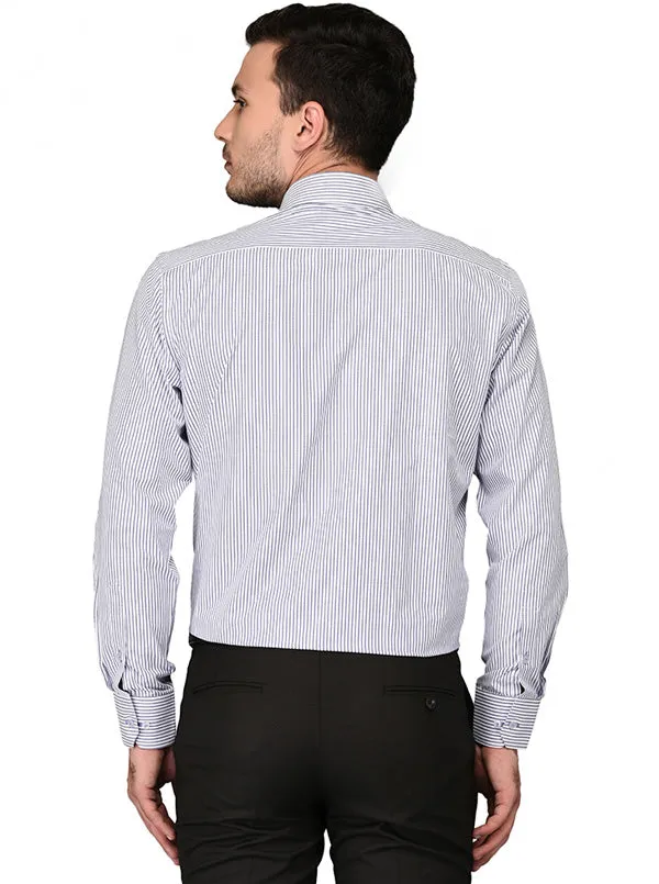 Greenfibre White & Blue Striped Regular Fit Formal Shirt