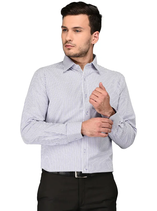 Greenfibre White & Blue Striped Regular Fit Formal Shirt