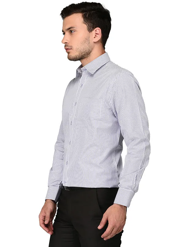 Greenfibre White & Blue Striped Regular Fit Formal Shirt