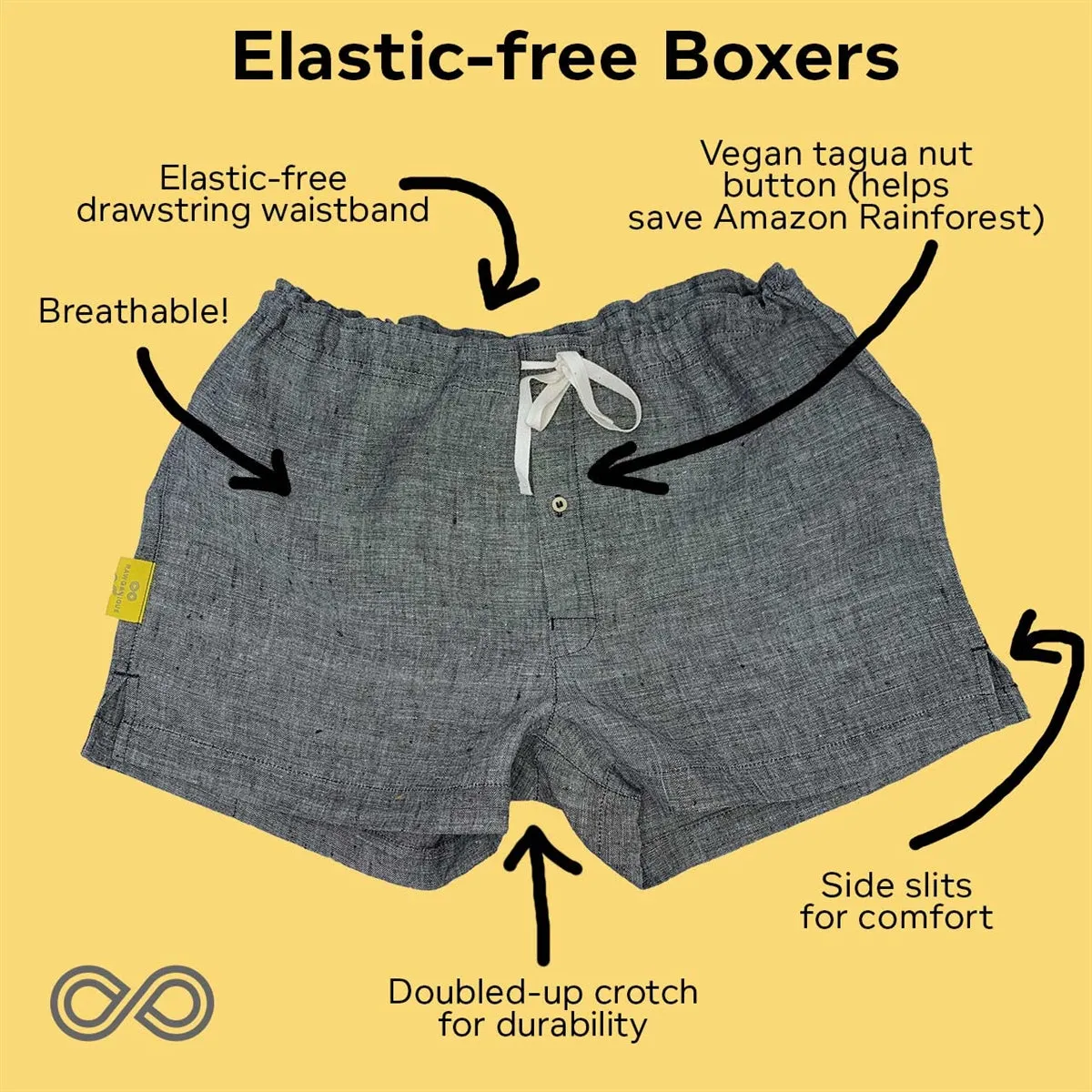 GREENWICH Elastic-free 100% Organic Hemp Boxers (Plastic-Free Nut Button; Latex-Free; OC Thread Option, 100% Biodegradable)