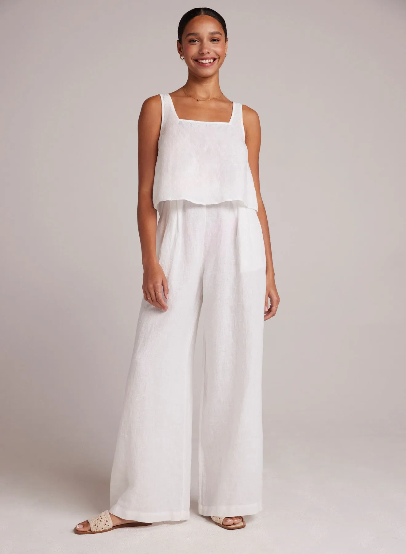 High Waisted Linen Pleated Pant- White