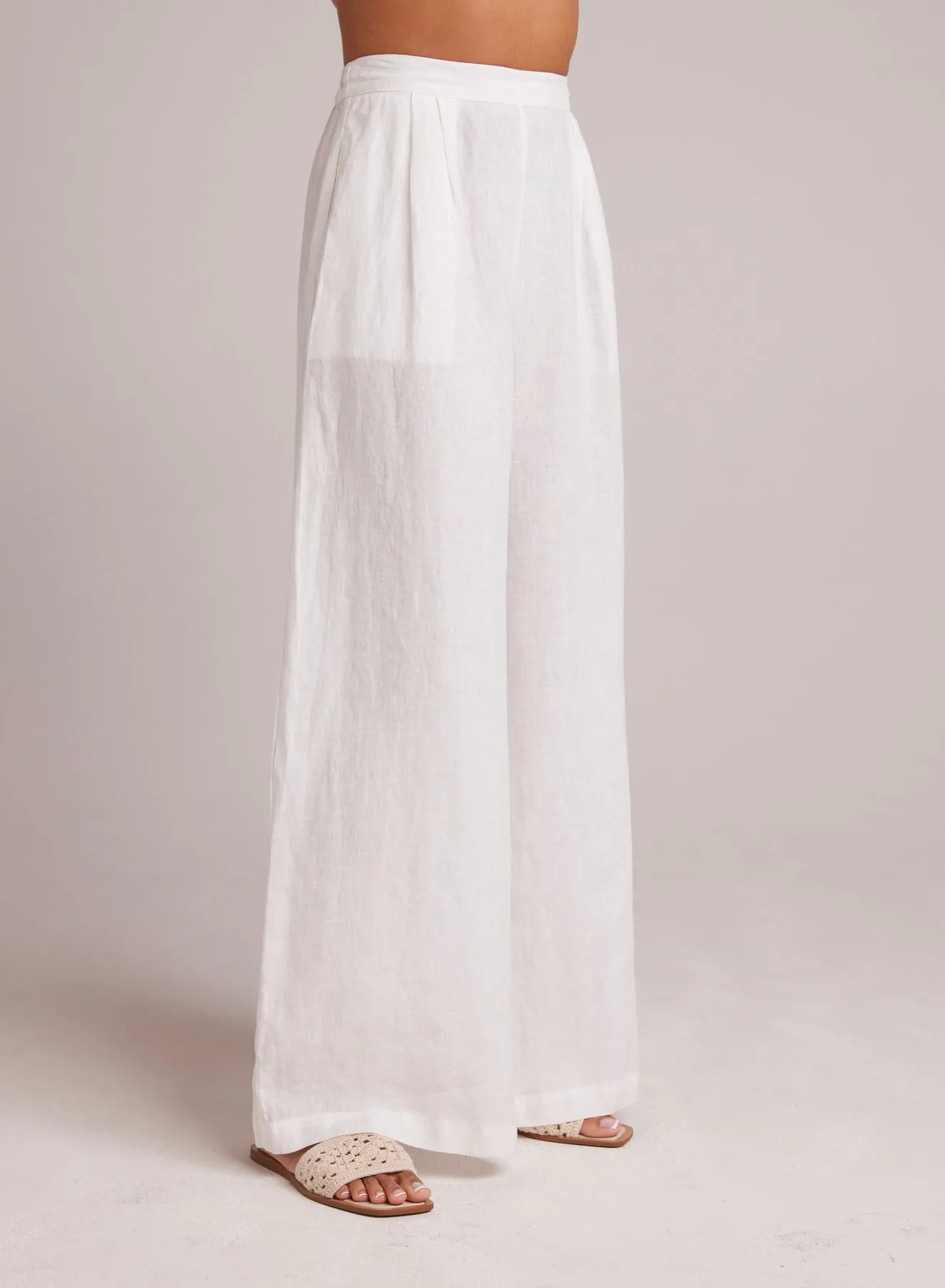 High Waisted Linen Pleated Pant- White