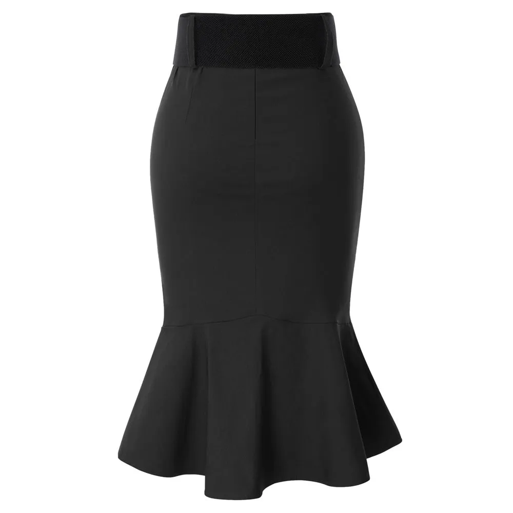 High Waisted Peplum Midi Pencil Skirt Work Business Skirts with Belt