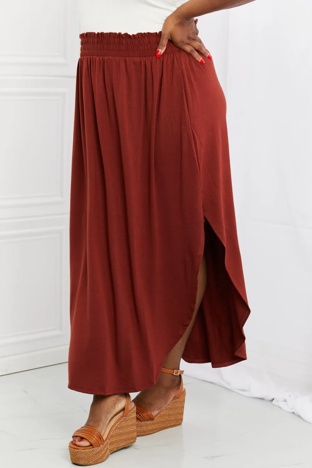 It's My Time Full Size Side Scoop Scrunch Skirt in Dark Rust