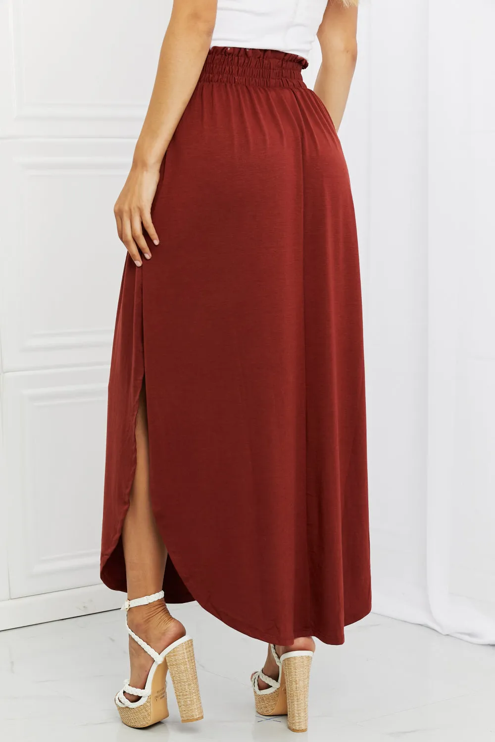 It's My Time Full Size Side Scoop Scrunch Skirt in Dark Rust